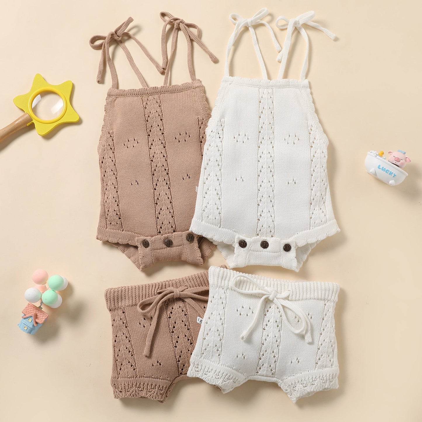 Baby Girls Knitted Backless Romper w/Drawstring Shorts 3-18M (More Color Options)