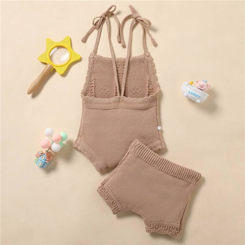 Baby Girls Knitted Backless Romper w/Drawstring Shorts 3-18M (More Color Options)