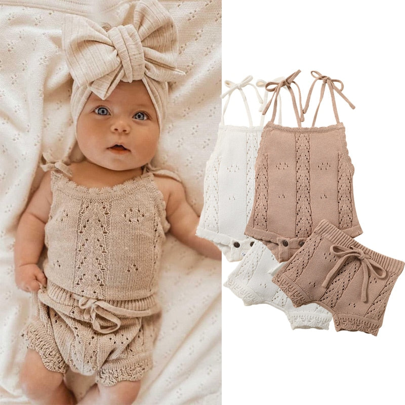 Baby Girls Knitted Backless Romper w/Drawstring Shorts 3-18M (More Color Options)