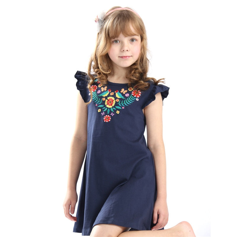 Girls Cotton Dress: Navy w/Embroidered Design (Size 3T-12)